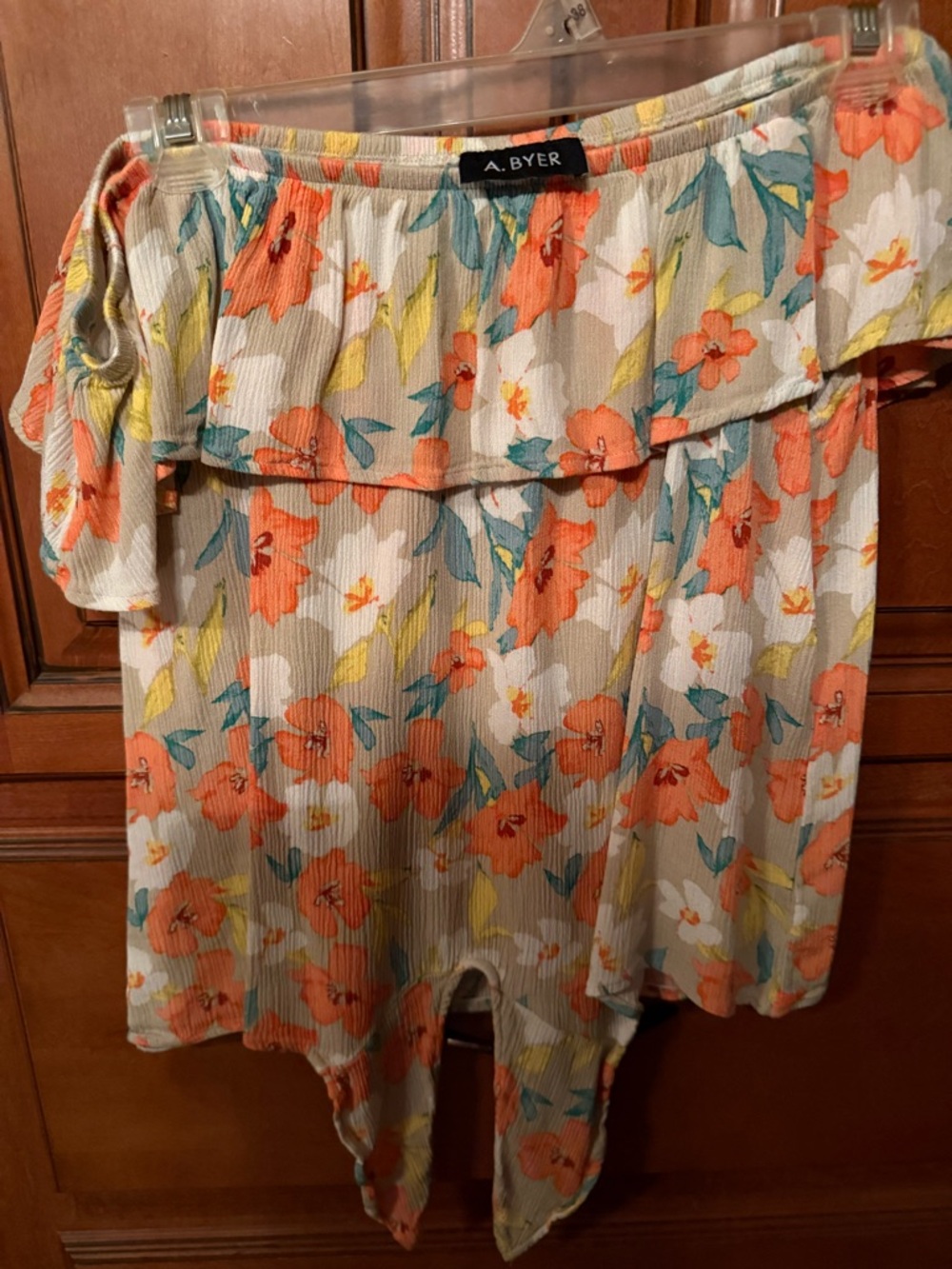 A. Byer Floral Off-Shoulder Blouse in Coral, Teal & Cream